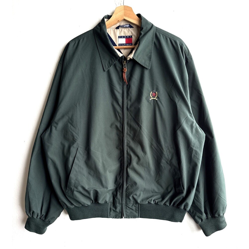 VTG 90s Tommy Hilfiger Harrington Jacket Men's L Green Embroidered Crest Bomber